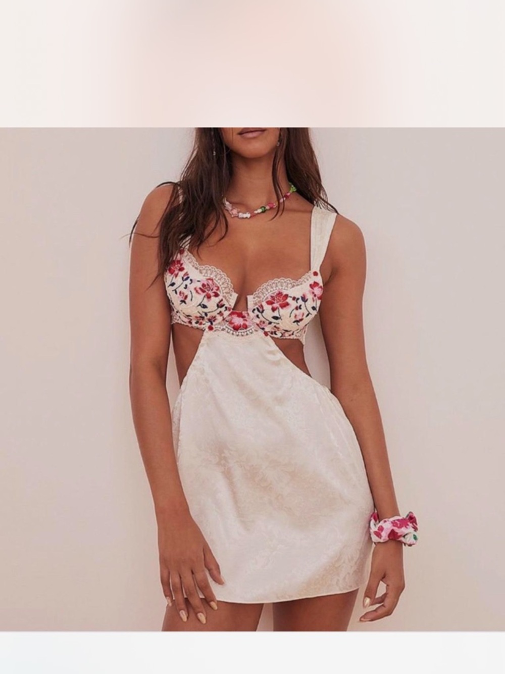 For Love & Lemons Cream Mini Dress with Floral Embroidered Bust